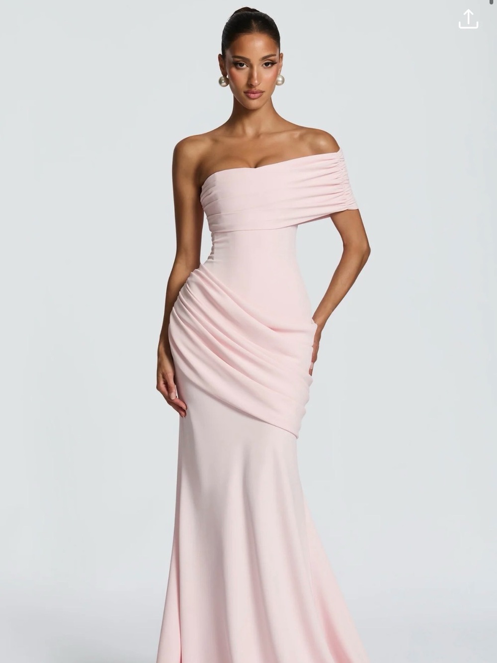 One-Shoulder Ruched Evening Gown in Blush Pink